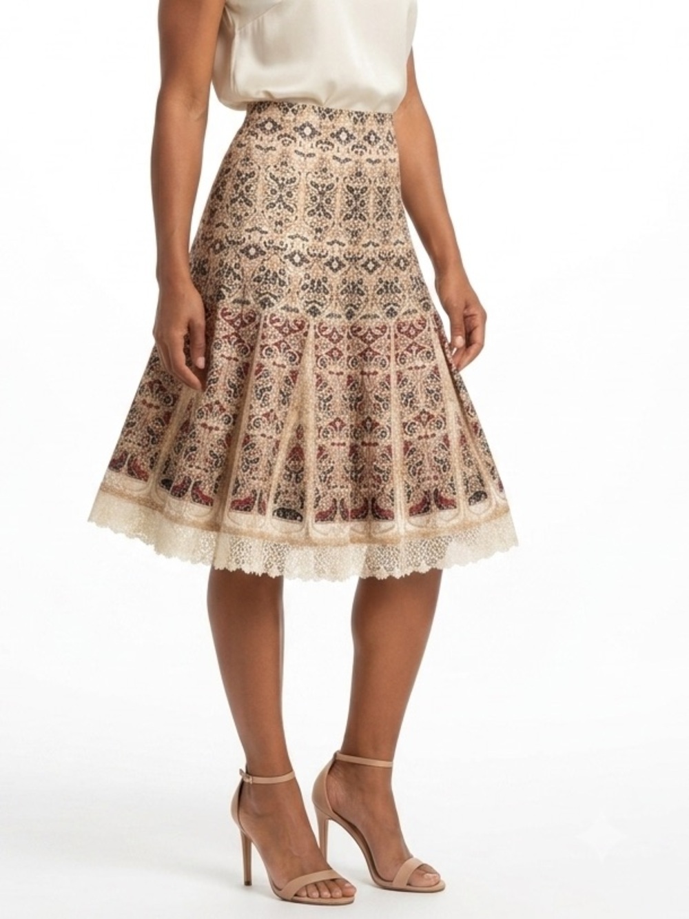 Elie Tahari Printed Heraldic Baroque Scroll Silk Lace Skirt Sz 4